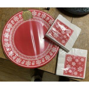 Vintage Hallmark Paper Plates and Napkins Snowflake Red Christmas NEW in PACKAGE